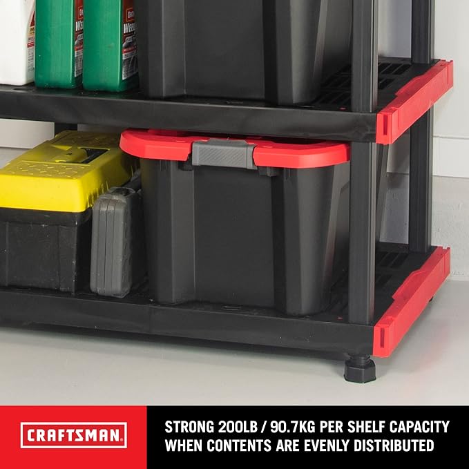 CX Craftsman 4-Tier Heavy Duty Plastic Storage Shelves, Garage Organization | 4-tier storage rack organizes garages, workshops & basements, 200 lb/shelf, 55H x 40W x 24D, easy assembly, black/red