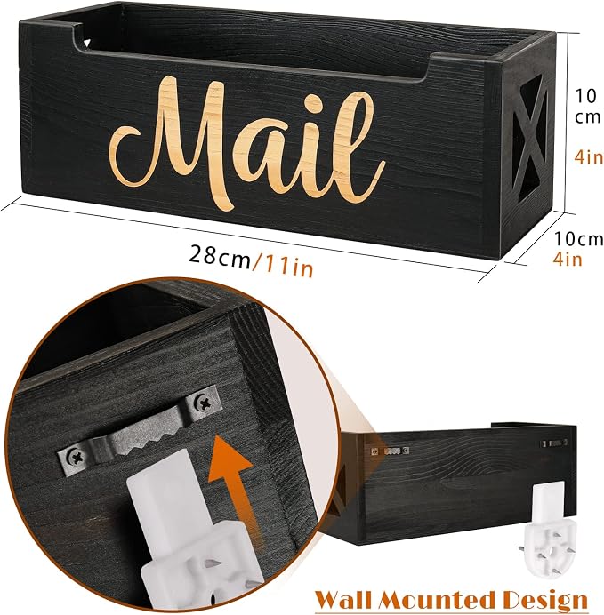 Wooden Mail Organizer Countertop | Farmhouse Black Mail Holder for Wall | Rustic Desk Mail Sorter Basket Letter Holder for Home Office Entryway Decor