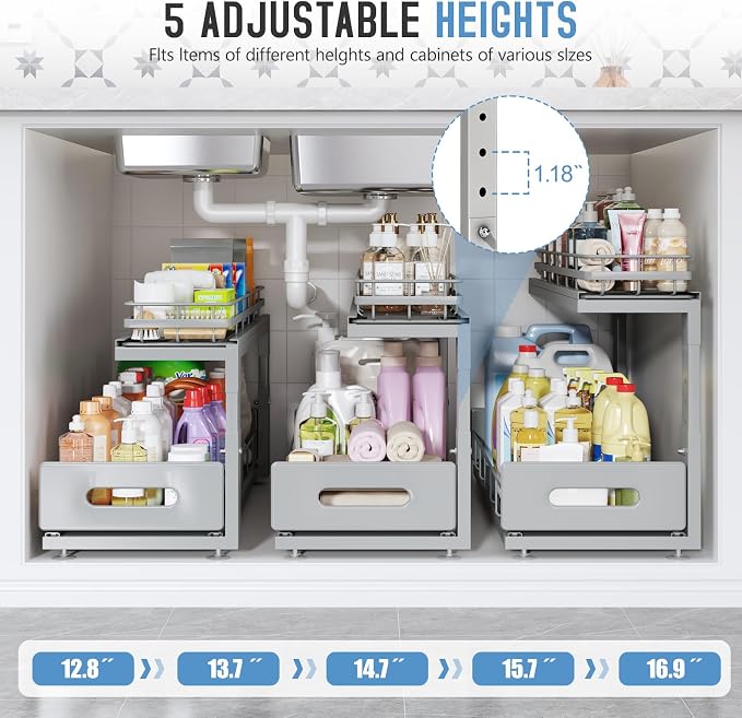 Under Sink Organizer Upgrade To Professional Rails,2-Tier Dual Pull Out Cabinet Storage,Height Adjustable Slide Out Drawers For Bathroom Kitchen,2 Pack-14.5"Dx12.8"-16.9"H,Gun Gray