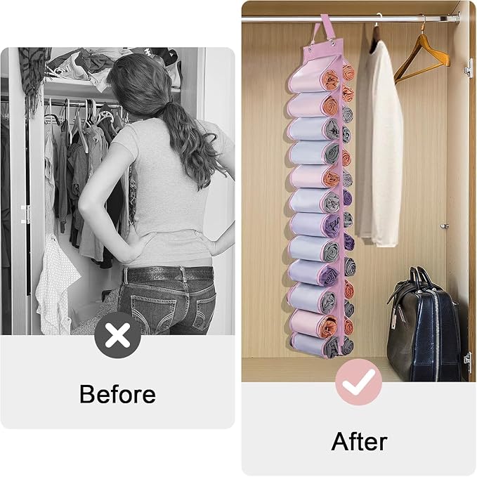 DHSFKBE Legging Organizer Storage, Shirt Organizer, Foldable Hanging Closet Organizer Storage with 26 Roll Independent Compartments for Yoga Pants, Tank Top, Towel, Underwear (Pink)