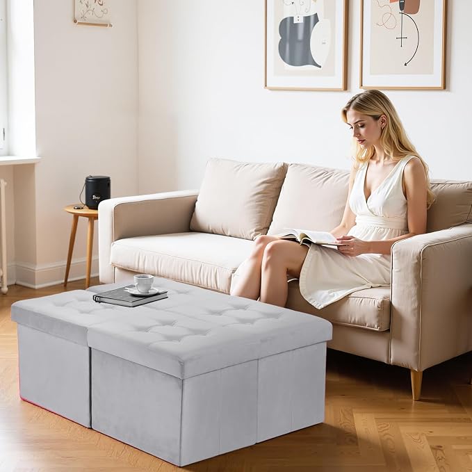 AmasSmile Footrest Ottoman Storage Bench, 34" Velvet Folding Stool, Grey | Large Ottoman with Storage, Thicker Foam Padded Seat, Livingroom, Dorm, Bedroom, Entryway, Easy to install, 34 x 13 x 13in