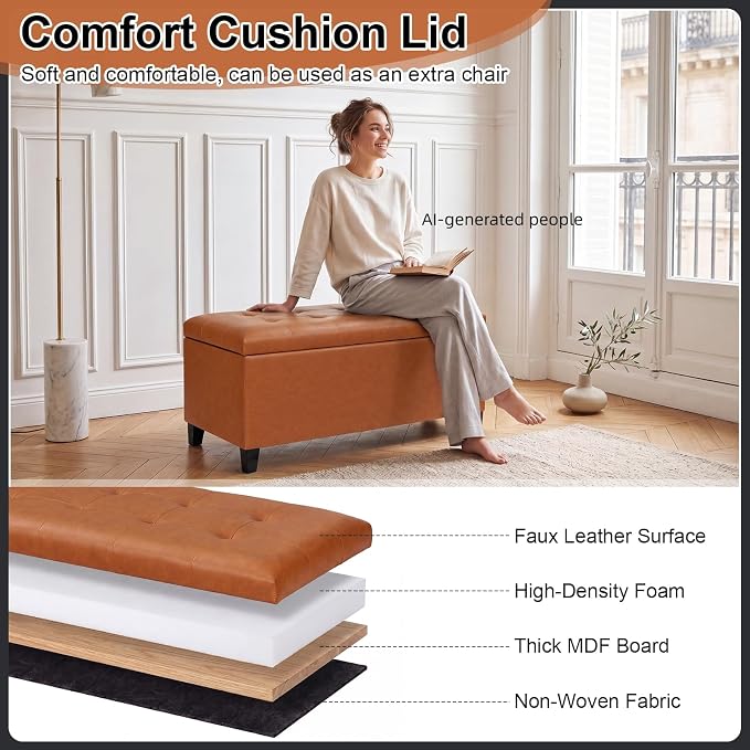Storage Ottoman Bench, 33" Faux Leather Upholstered End of Bed Bench with Safety Hinge,Wooden Legs,for Entryway Bedroom Living Room