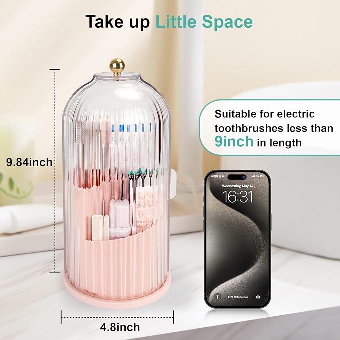 QIYVLOS Toothbrush Holders with Sliding Lid, Rotating 3 Slots Bathroom Organizer Countertop, Tooth Brush Toothpaste Holder Bathroom Counter Stand Sink Organizer Caddy for Makeup Brushes Holder (Pink)