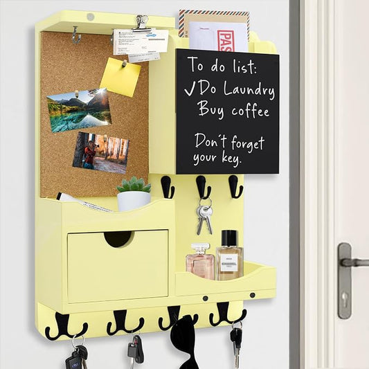 Key Holder Wall Mount， Mail Organizer Key Holder for Wall with Shelf, Drawer, Chalkboard, Corkboard, Home Decor Wall Mounted for Room Entryway (Ivory Yellow)