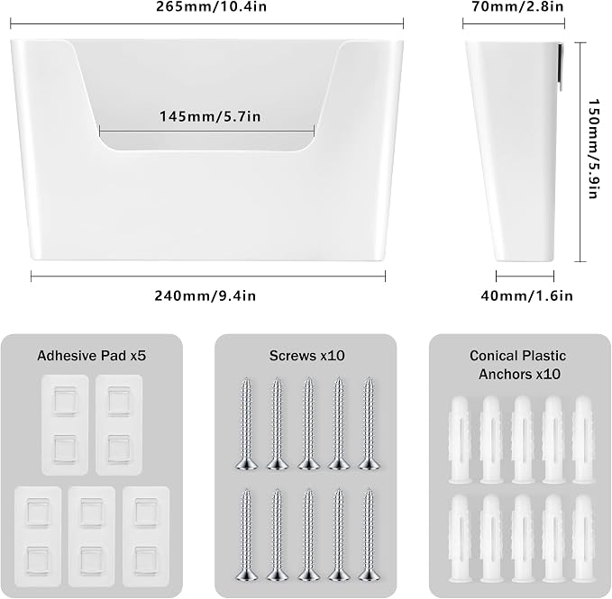 JOMOLA No Drilling File Holder 5 Pack Mail Organizer Wall Mount File Organizer Holder Office Wall Hanging Files Magazines Organizer Plastic Door Mount Wall Pocket with Adhesive Pad, White Color