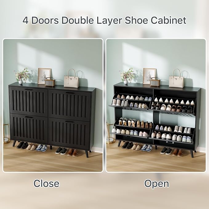 Shoe Storage Cabinet with 4 Flip Drawers, Modern Freestanding Organizer with Adjustable Shelf, Narrow Shoe Rack Cabinet for Entryway, Black