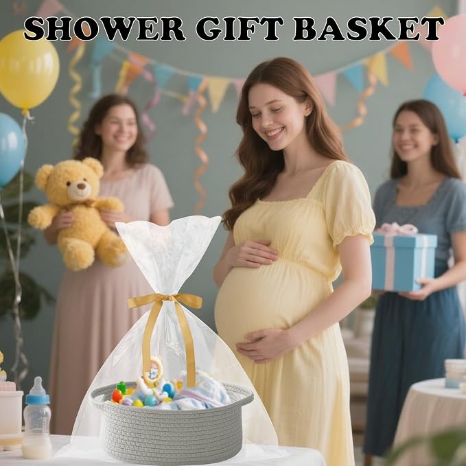 2 Pack White Small Woven Rope Basket with Handles | Empty Gifts Basket with Bag and Ribbons, Cute Handle Organizer Box, Birthday/Baby Shower, Toy Storage