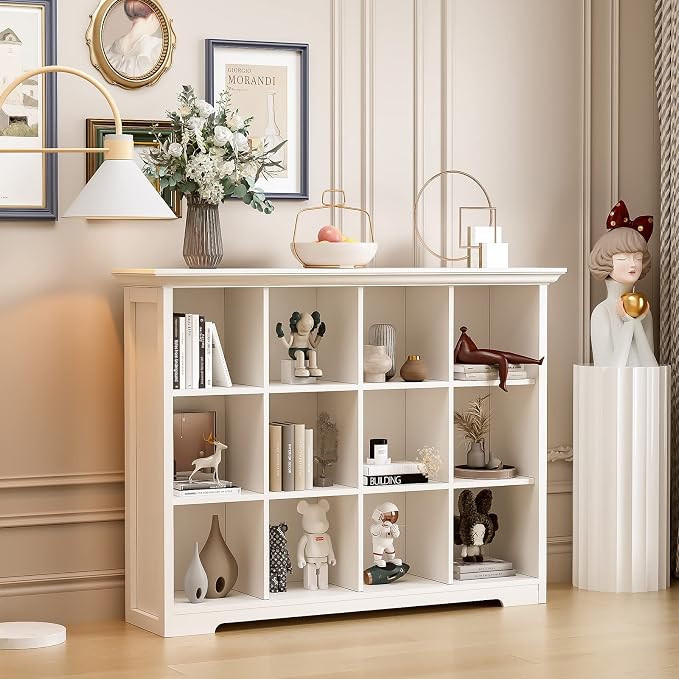 OSCHF 12-Cube Open Bookcase with Base, 3-Tier Wooden Bookshelf, White | Curved Base, Crown Molding, Fits 11×11" Bins, Modern Storage Cabinet for Living Room, Bedroom, Home Office