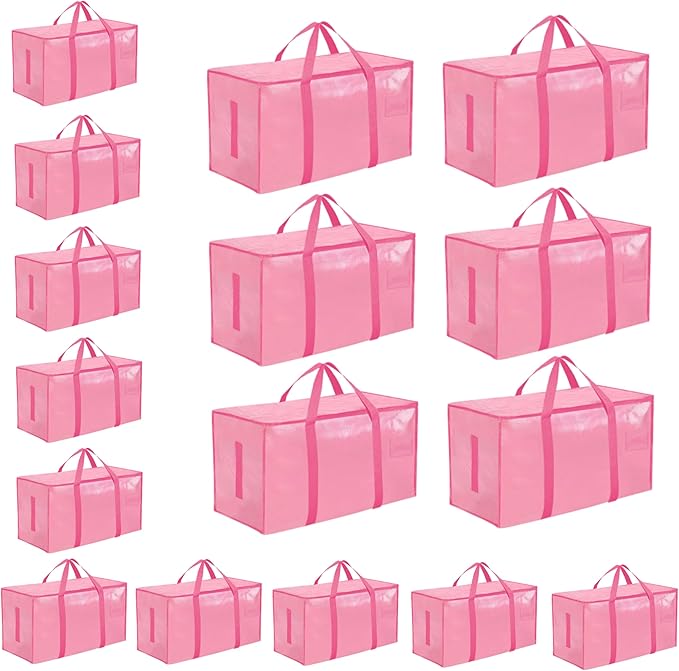 16 Pack-Extra Large Heavy Duty Moving Bags - Waterproof Storage Totes with Handles & Zippers, Foldable for College Dorm, Storage (Pink)