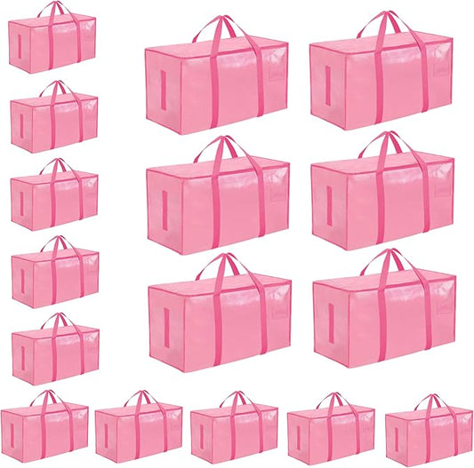 16 Pack-Extra Large Heavy Duty Moving Bags - Waterproof Storage Totes with Handles & Zippers, Foldable for College Dorm, Storage (Pink)