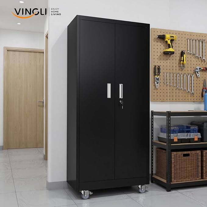 VINGLI Rolling Metal Storage Cabinet with Adjustable Shelves, 71'' Tall Garage Storage Cabinet with Wheels, Locking Tool Cabinets for Home Office Garage Gym School (Black)