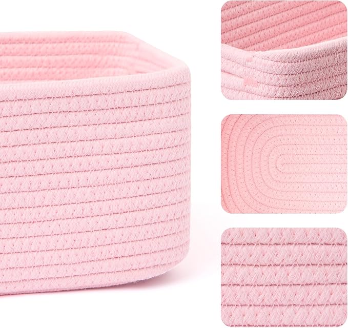 MiniArk Small Storage Baskets for Organizing | Closet Organizer Bins | Shelf Toy Basket | Woven Rope Baskets | Cube Decorative Box | Shallow Basket | 13x8.5x5.1” | 3 Packs Light Pink