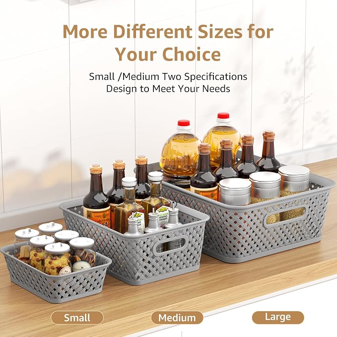 MaxGear 3 Pack Plastic Storage Baskets, Small, Grey | Durable Woven Plastic with Built-In Handles, Suitable for Shelves, Closets, Cabinets, Bathrooms and Offices
