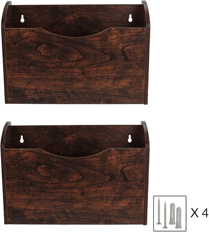 PAG Wall File Holder Wall Mounted Wood Hanging File Organizer for Office, 2 Pockets, Brown