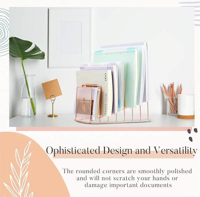 2 Pcs 7 Section Wire File Organizer for Desk, Metal Mesh Incline File Holder, Letter & Magazine Folder Rack, Desktop Paper Sorter for Home Office Back to School (Rose Gold)