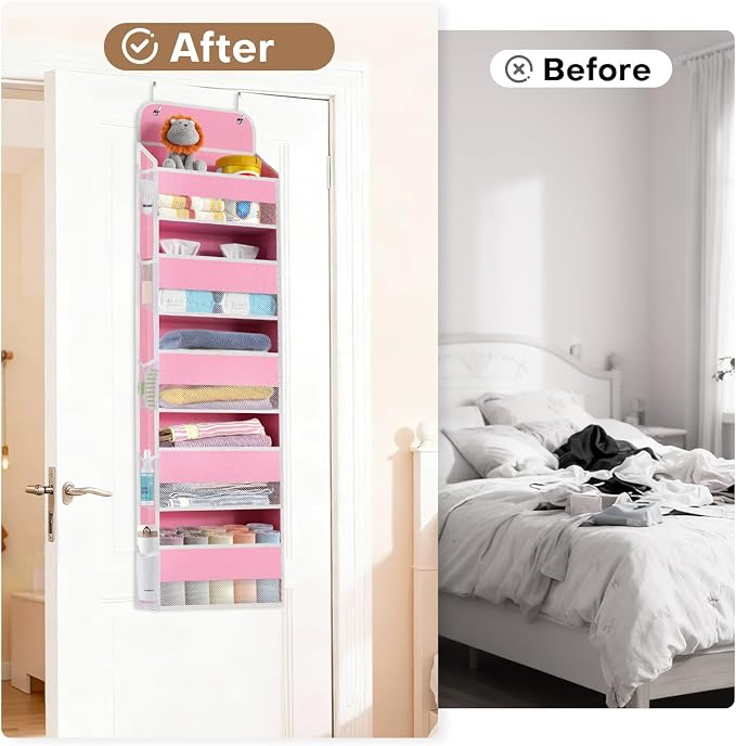Over the Door Organizer, 5 Large Pocket Hanging Storage with 40lb Capacity | Space Saving Door Storage for Nursery, Bathroom, Bedroom and Closet, Baby Essentials and Toiletry Organizer, Pink
