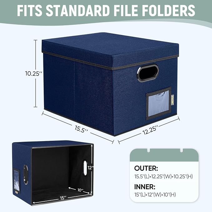 BALEINE File Organizer Box with Lid, Collapsible File Folder Organizer with Plastic Slide, Filing Box for Office Home Document Organizer Storage (Blue, 2PK)