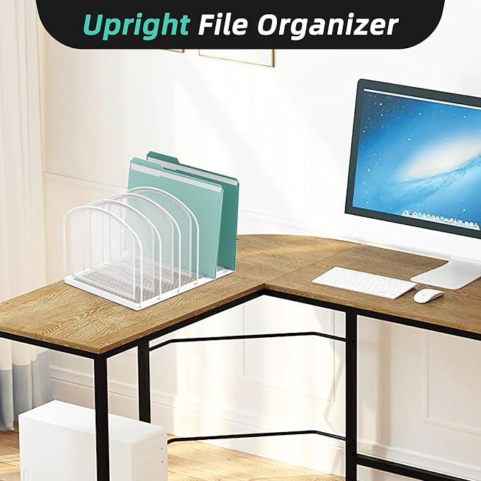 SUPEASY File Organizer 5-Section Mesh Desk Organizer, Upright File Organizer Desktop Organizer File Sorter, File Folder Holder for Office Supplies, White | 5 Vertical Compartments with Sturdy Metal Base for Office Documents Books Magazines and Laptop