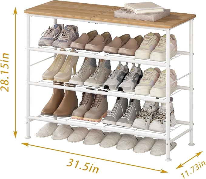 SUOERNUO 4 Tier Shoe Rack Organizer for Closet Shoe Storage for Entryway | Free Standing with MDF Top Board,Sturdy Metal Frame,Ideal for Living Room,Hallway White Nordic Walnut