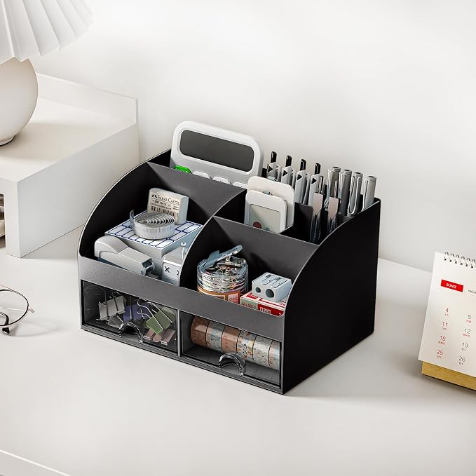 COMFYROOM Desk Organizer with 6 Compartments and 2 Drawers, Plastic Makeup Organizer, Pen Holder for Desktop Storage, Desk Organization for School, Home, Office Supplies Black-2Pack