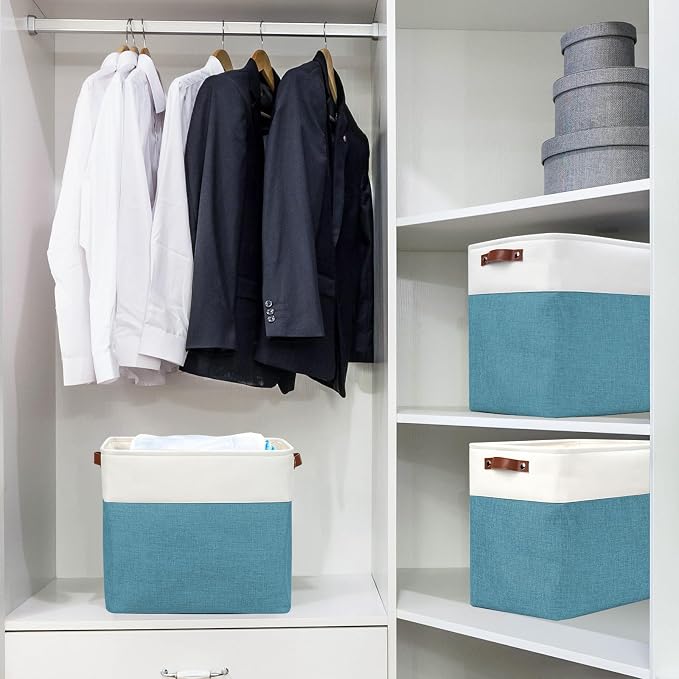 Bagnizer Large Fabric Storage Baskets | 50L Storage Bins, Decorative Linen Closet Baskets with Handles for Organizing, Shelf, Toys, Clothes, Home, Office, Nursery, 17x12x15Inches (Teal&White)