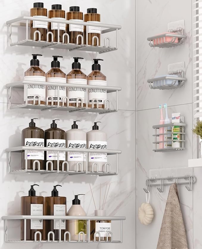 8 Pack Adhesive Rustproof Shower Caddy with Soap Dishes, Toothbrush Holder & Hooks, Large Capacity No-Drilling Shower Shelves Rack for Bathroom Organizers and Storage Accessories, Light Gray