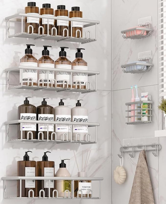 8 Pack Adhesive Rustproof Shower Caddy with Soap Dishes, Toothbrush Holder & Hooks, Large Capacity No-Drilling Shower Shelves Rack for Bathroom Organizers and Storage Accessories, Light Gray