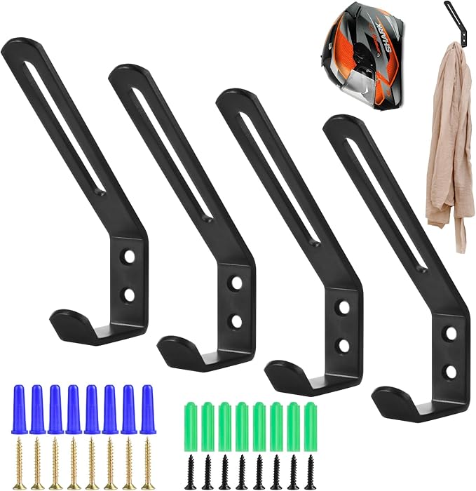 4 Pack Helmet Hooks Motorcycle Helmet Holder Hook Wall Mount Helmet Storage Rack Hanger Motorbike Cloth Wall Mount Display Rack Hanger for Jacket Bag, Cloth, Coat, Glove