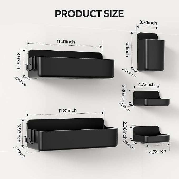Nieifi Adhesive Shower Shelves, Black, 5 Pieces | Rustproof ABS, Large Capacity, Removable Design, Easy-Clean, No Drilling Shower Organizer for Bathroom Storage & Home Decor