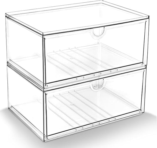 Prsildan Acrylic Makeup Organizer, 2 Pack Stackable Clear Storage Drawers for Baby Bottles Desk Organizers with 2 Drawers for Countertop Vanity Nursery Modular System for Cosmetics Jewelry