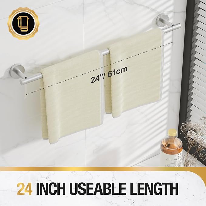 HITSLAM Brushed Nickel 24 Inch Towel Bar for Bathroom, SUS304 Stainless Steel Bathroom Towel Rack Wall Mounted, Modern Home Decor Bath Towel Holder with Hardware Accessories (Total Length 25.7 Inch)