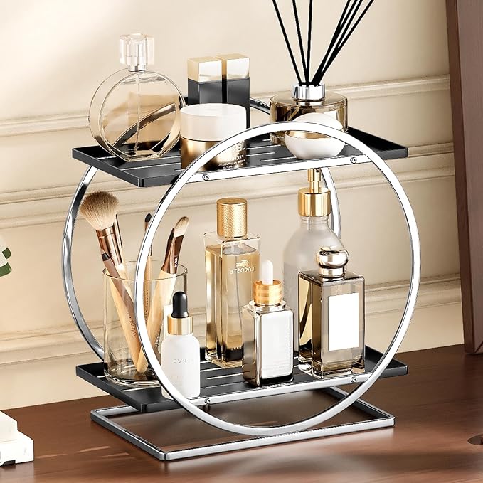 Bathroom Counter Organizer, 2-Tier Perfume Organizer for Dresser | Silver Black Bathroom Organizers and Storage, Makeup Organizer Countertop Vanity Tray Skincare Perfume,Bathroom Counter Shelf