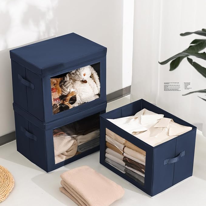 Homsorout Stackable Storage Bins with Lids - Large Storage Box with Lids, Foldable Closet Boxes for Organizing, Wardrobe Clothes Organizer with Window, Cubes Bins for Living Room, 6 Pack, Navy Blue