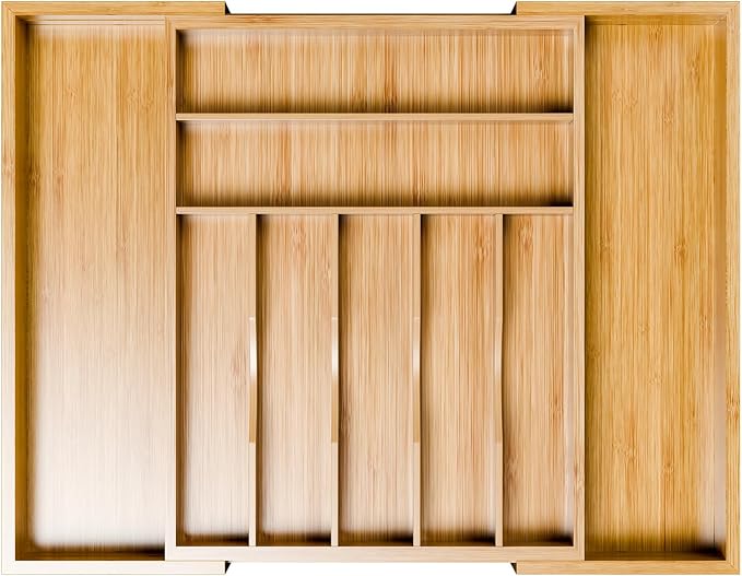Simple Trending Expandable Bamboo Kitchen Drawer Organizer, Natural | Adjustable Silverware Organizer with 9 Compartments, Practical Utensil Cutlery Tray for Flatware, Flexible Storage
