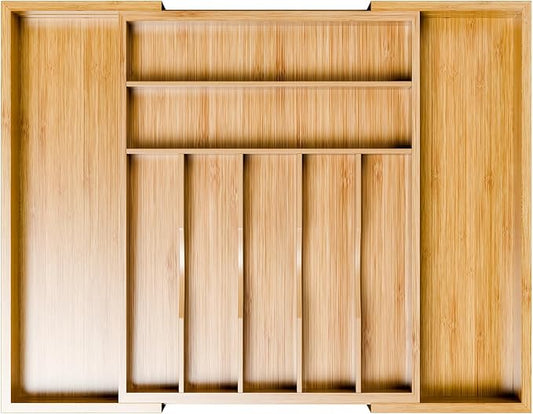 Simple Trending Expandable Bamboo Kitchen Drawer Organizer, Natural | Adjustable Silverware Organizer with 9 Compartments, Practical Utensil Cutlery Tray for Flatware, Flexible Storage