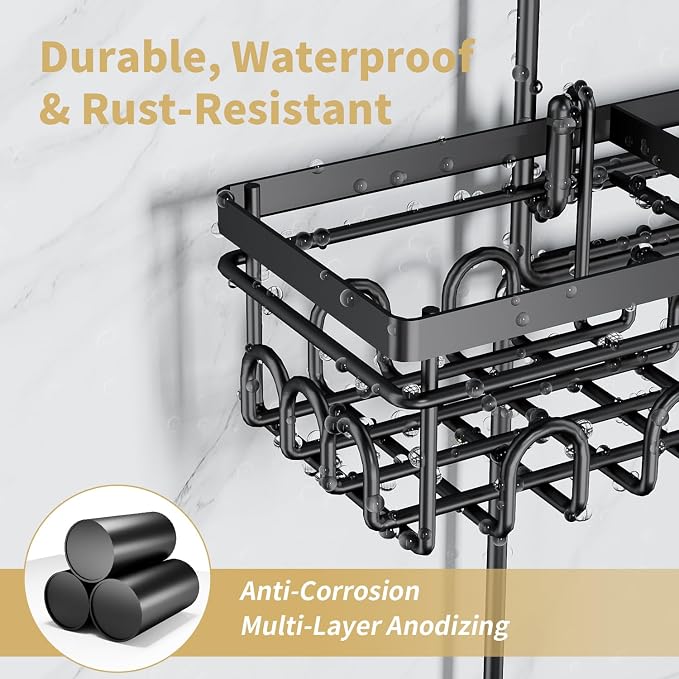 KEGII Shower Caddy Hanging for Handheld Showerheads, Rustproof Hanging Shower Organizer with Soap Dish, Toothbrush Holder and Hooks, Over Showerhead Caddy for Bathroom