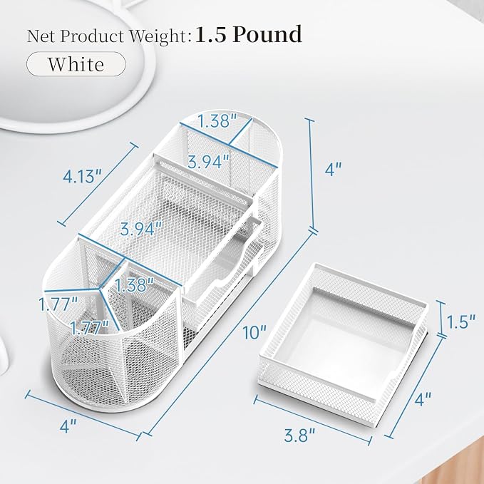 Mesh Desk Organizer, Desk Organizers and Accessories, Pen Holder with Drawers, Pencil Holder for Desk with 2 Drawer for Office Supplies, White
