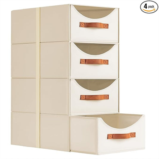 Homsorout Stackable Storage Drawers - Large Collapsible Storage Bins with Drawers, 4 Pack Closet Shelf Organizer Basket, Fabric Pull Out Organizer for Bedroom, Living Room, Dorm, Light Beige
