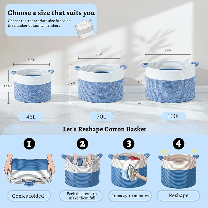 Artfeel 40L Large Cotton Rope Basket, Decorative Woven Blanket Storage for Living Room, Boho Toy Storage & Toy Box for Kids, Versatile Laundry Basket & Nursery Hamper for Blankets(DenimBlue)