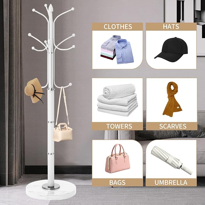 Metal Coat Rack Stand, Modern Freestanding Coat Rack with Natural Marble Base,White Coat Racks and Coat Hall Tree Hanger Stand with 12 Hooks for Entryway, Hallway, Office