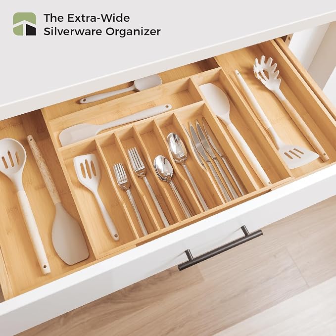 KitchenEdge Silverware & Utensil Drawer Organizer, 18-33 in, Bamboo | Cutlery, flatware, food-safe contract grade, kitchen drawer fit