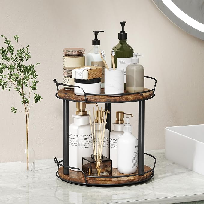 LAMU 10'' Wood Lazy Susan Turntable Organizer for Cabinet, 2 Tier Lazy Susan Spice Rack Organizer for Kitchen, Table Top, Countertop, Pantry, Medicine Organizer