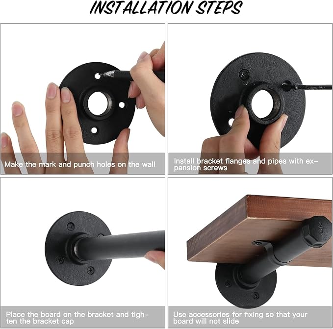 12 Inch Industrial Pipe Shelf Brackets Set of 8 - Black Iron Rustic Wall Mounted DIY Shelving Brackets Hanging Custom Pipe Brackets for Floating Shelves