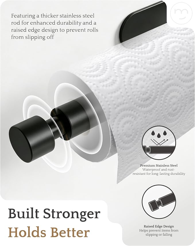 Paper Towel Holder Under Cabinet Adhesive or Drilling Matte Black | Drill Wall Mount or Adhesive, Easy Roll Loading, Heavy Duty, Stainless Steel Paper Towel Roll Rack for Kitchen, Bathroom