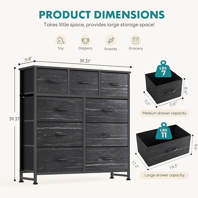 OLIXIS 9 Drawer Tall Dresser for Bedroom, Closet Organizers and Storage | Fabric Dresser with Wooden Top, Chest of Drawers for Clothes Storage, Tower Cabinet, Furniture, TV Stand, Black Wood Grain