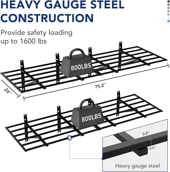 FLEXIMOUNTS 2 Pack 2x6ft Heavy Duty Garage Storage Shelving, 1600lbs, Black | Powder-Coated Steel, 24" x 75" Wall Mounted Garage Shelves for Storage Bins, Tool Boxes, and Bulk Storage, Pro Series