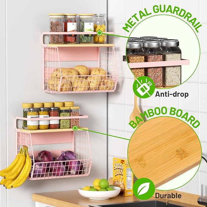 Magnetic Shelf for Fridge with Wood Lid, Fruit Potato and Onion Storage Bins, Pantry Organizers & Storage, Large Container Magnetic Spice Rack for Refrigerator, Kitchen Counter, Cabinet (Pink, 2)