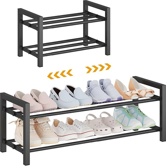 Expandable Metal Shoe Rack for Closet & Entryway, Shoe Storage Organizer | 2 Tier • Adjustable Width • Holds 6–9 Pairs • Heavy-Duty Steel • Space-Saving Design • Easy Assembly