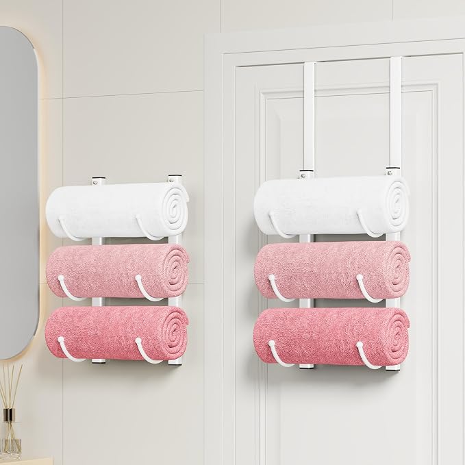 HapiRm Rolled Towel Racks for Bathroom - 3-Tier Over The Door & Wall Mounted Bathroom Towel Storage, Hanging Metal Organizer for Towels & Bath Sheets, Space Saving Rack for Bathroom, Camper, RV, White