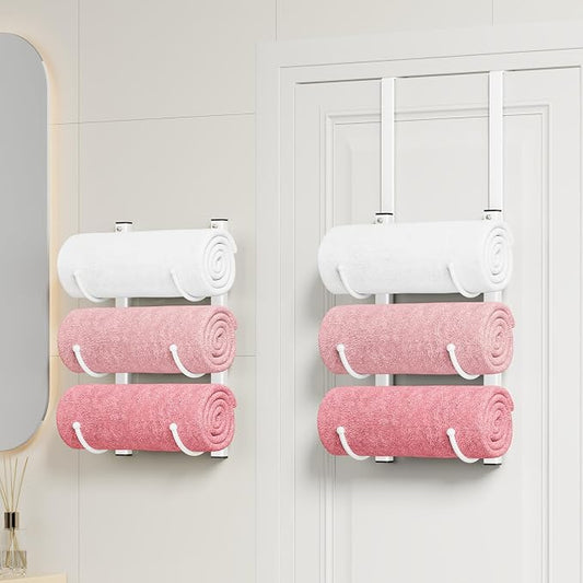 HapiRm Rolled Towel Racks for Bathroom - 3-Tier Over The Door & Wall Mounted Bathroom Towel Storage, Hanging Metal Organizer for Towels & Bath Sheets, Space Saving Rack for Bathroom, Camper, RV, White